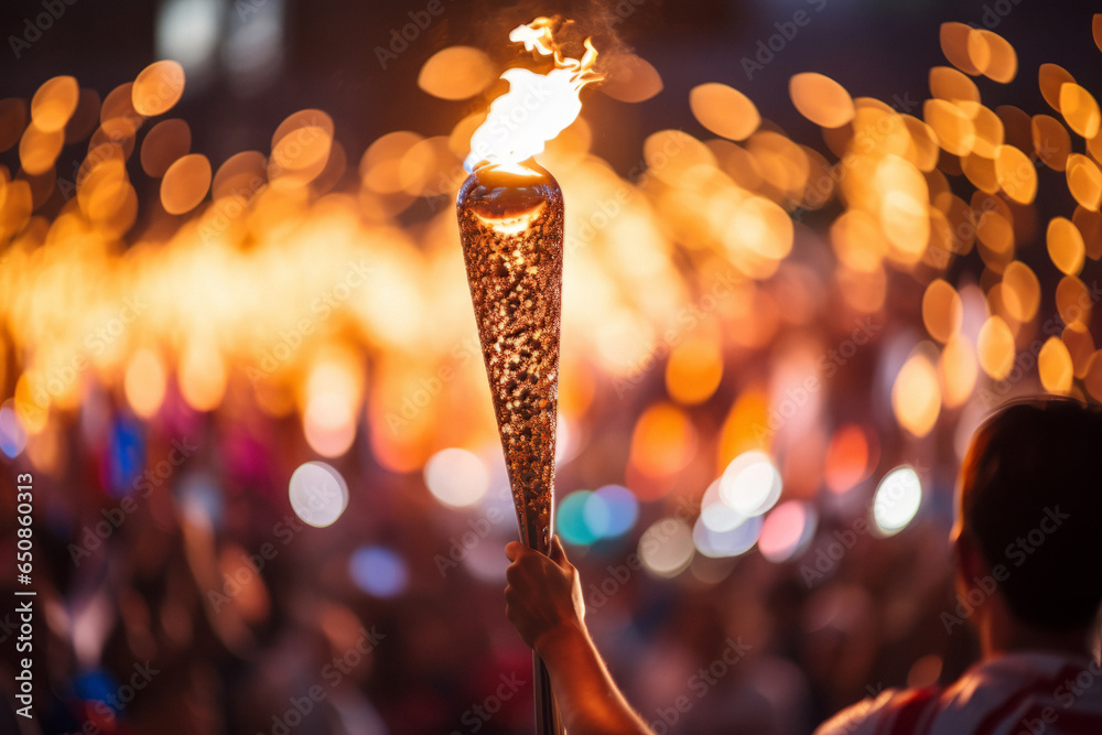 Torch with the Olympic flame at the 2024 Olympic Games. StockFoto