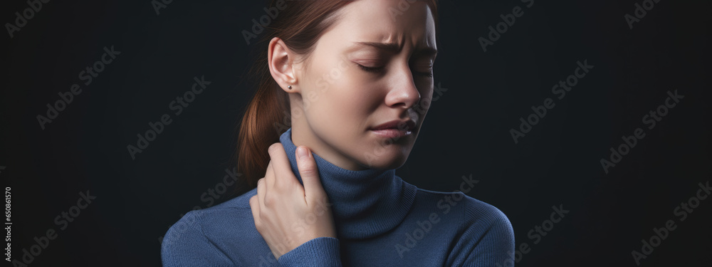 Woman suffering from neck pain . Woman suffering from neck pain .