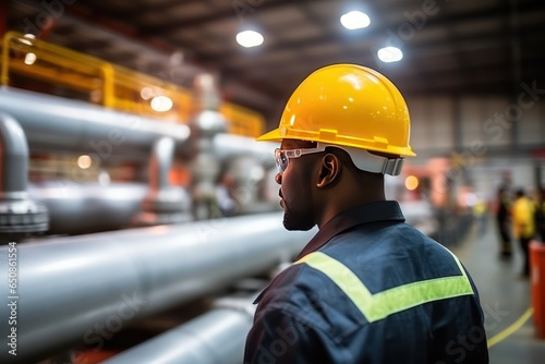An African American factory worker checks the quality of pipe connections at a gas distribution station. Gas pipeline as a means of supplying the plant with electricity and heat.