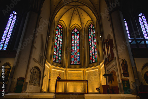 Modern Altar and Stained Glass Windows in St. Patrick s Cathedral  Hamburg