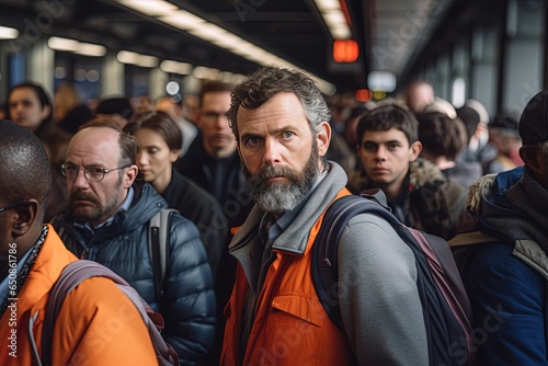 crowd of people passengers at underground subway platform look unhappy and serious, Generative Ai © QuietWord