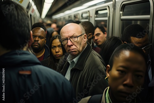 crowd of people passengers at underground subway platform look unhappy and serious, Generative Ai