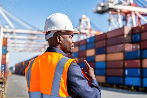 Portrait of a serious African-American industrial engineer in a white hard hat supervising the operation of cranes while loading containers. Foreman or supervisor of a container terminal.
