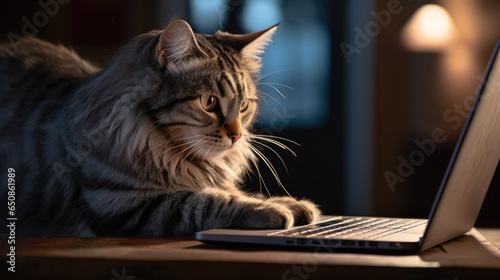 Cute cat looking at laptop