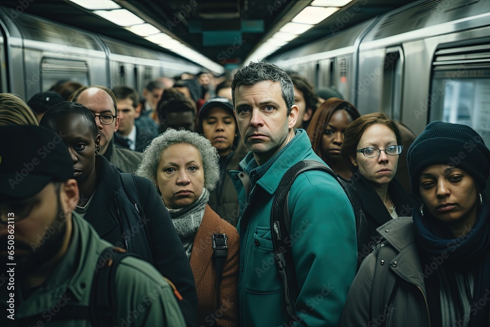 crowd of people passengers at underground subway platform look unhappy and serious, Generative Ai crowd of people passengers at underground subway platform look unhappy and serious, Generative Ai