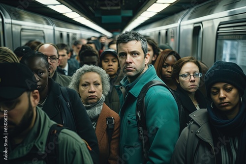crowd of people passengers at underground subway platform look unhappy and serious, Generative Ai