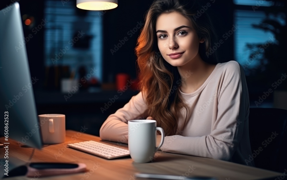 A happy young girl is sitting in front of a computer. Generative AI A happy young girl is sitting in front of a computer. Generative AI
