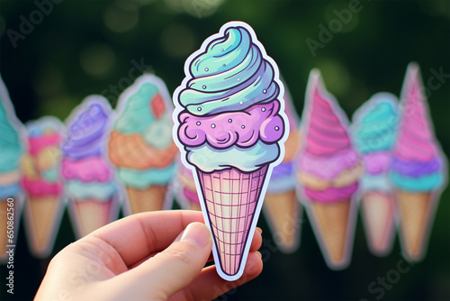 Hand holding an Ice cream Stickers, Flat cute ice cream cone sticker, comic style ice cream cone, cartoon concept ice cream stickers, candy sticker