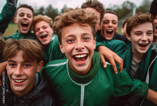 A high school soccer team of teenage boys revels in the excitement of their recent victory. Gathered on the field, their faces glowing, they personify the essence of friendship and teamwork in sports. © InputUX