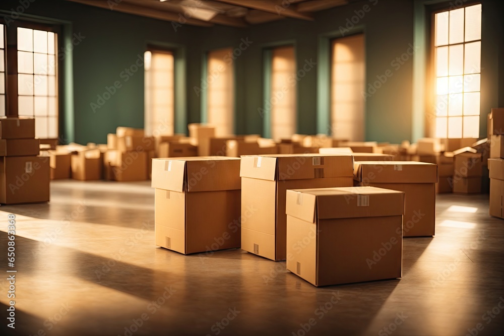 cardboard boxes in a large empty bright room relocation. ai generative cardboard boxes in a large empty bright room relocation. ai generative