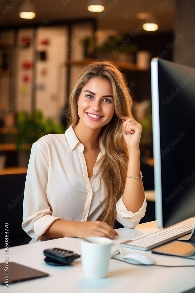 A happy young girl is sitting in front of a computer. Generative AI A happy young girl is sitting in front of a computer. Generative AI