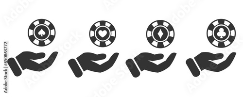 Hand holding poker chips icon. gambling set vector ilustration.