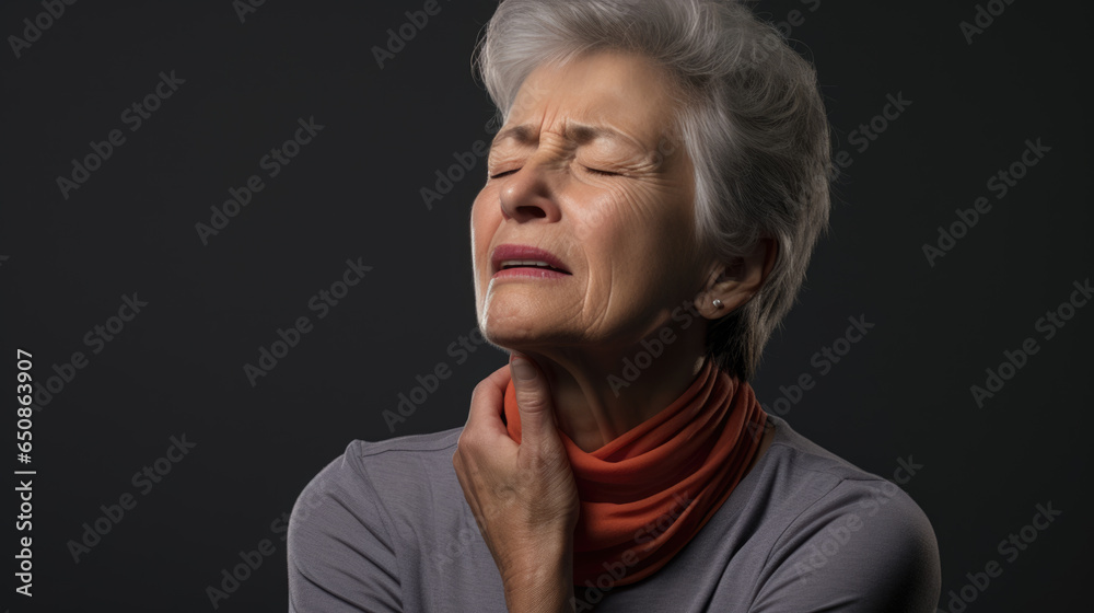Woman touching painful neck, sore throat for flu, cold and infection