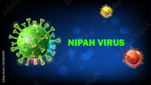Nipah virus concept. Microscope virus close up, Nipah henipavirus, Hendra virus, newly emerging zoonotic infection with acute respiratory syndrome and severe encephalitis, 3D illustration.