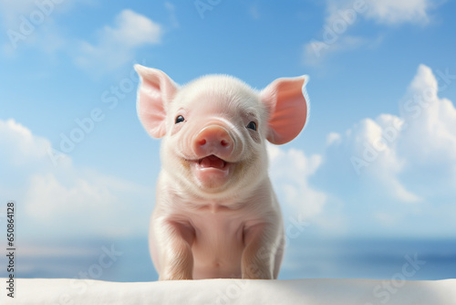 A cute pink mini-pig smiling on a blue background