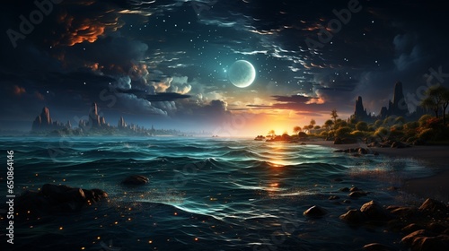 Night ocean landscape full moon and stars shine. © Dhiman