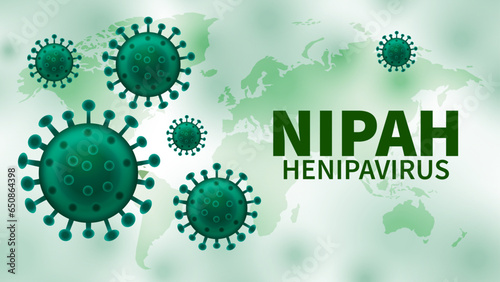 Nipah virus concept. Microscope virus close up, Nipah henipavirus, Hendra virus, newly emerging zoonotic infection with acute respiratory syndrome and severe encephalitis, 3D illustration.