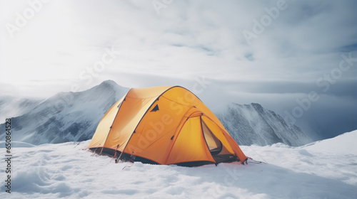A tent on a snowy mountain peak