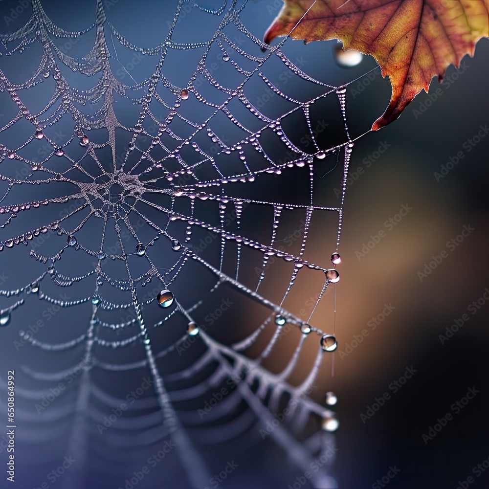 Fototapeta premium spider web with dew drops on a maple leaf in a tree.