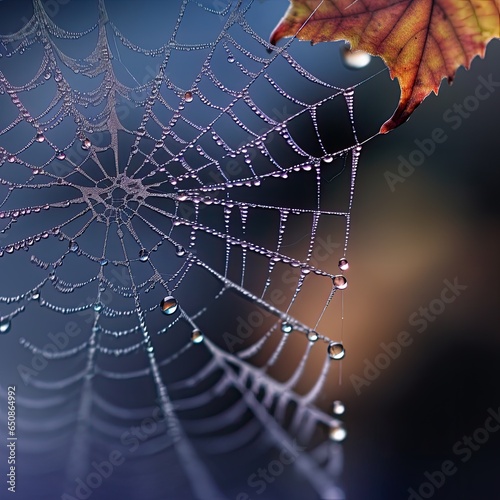 spider web with dew drops on a maple leaf in a tree. © DigitalArt