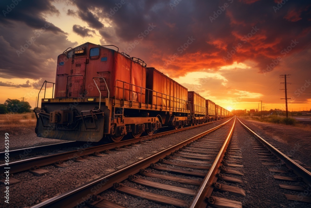 Cargo train at sunset. International train transport Cargo train at sunset. International train transport