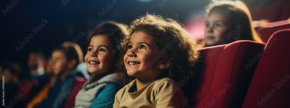 Happy smiling kids sitting in a movie theater and watching a movie. - obrazy, fototapety, plakaty 