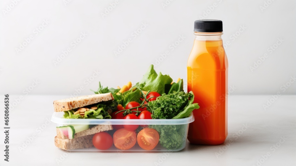Lunch box with sandwich, vegetables, fruits and orange juice bottle, front view on isolated white background, generative ai Lunch box with sandwich, vegetables, fruits and orange juice bottle, front view on isolated white background, generative ai