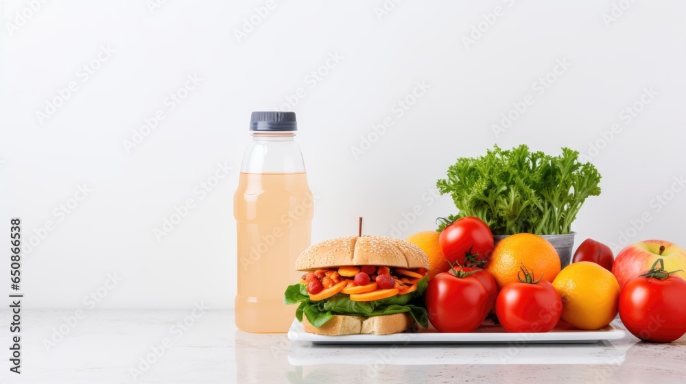 Healthy sandwich with vegetables and fresh juice bottle on light table, generative ai Healthy sandwich with vegetables and fresh juice bottle on light table, generative ai