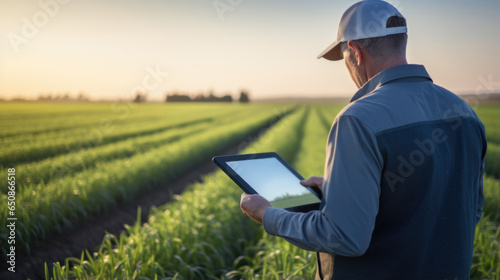Farmer holding tablet on agricultural plantation, smart farming concept, close up, generative ai