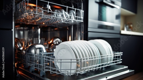 Dish washer machine full of clean kitchen utensils on a blurred modern kitchen background