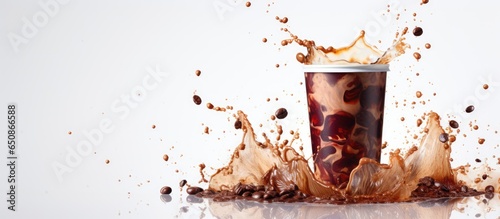 Coffee splashing in a paper cup with a lid on a white background
