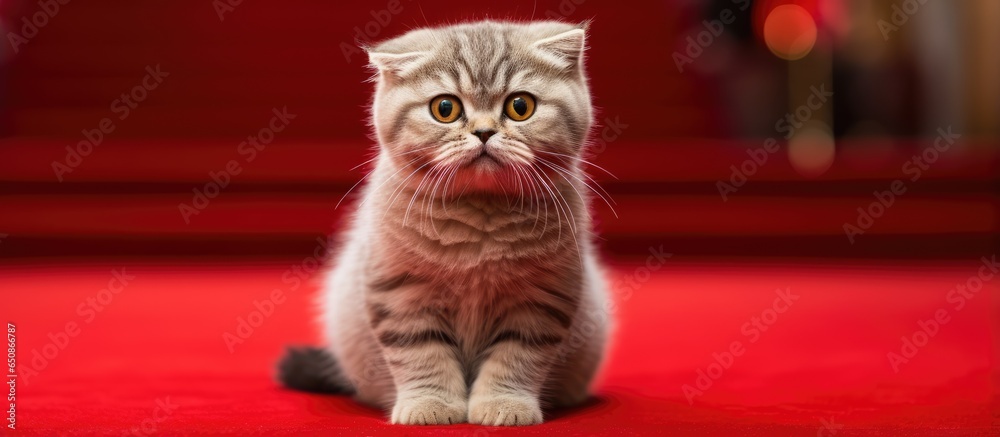 Prominent Scottish Fold feline at the crimson carpet
