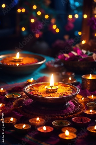 Happy Diwali - Colorful diya or oil lamps lit during Deepavali.
