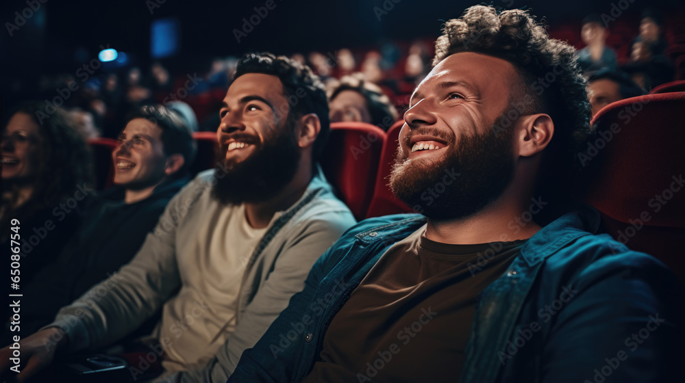Obraz premium Happy friends sitting in a movie theater and watching a movie.