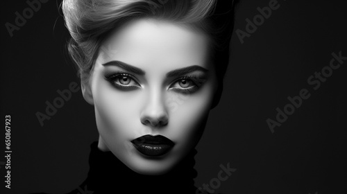 Model in black and white style. Fashion photography black and white, accentuating classic elegance and adding emotional depth to the portrayal. Banner. Close-up, copy space