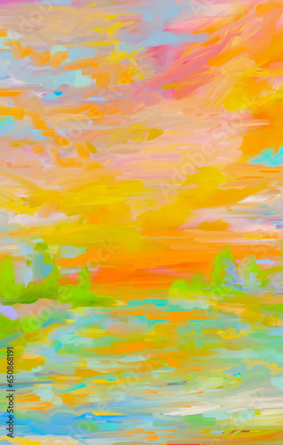 Impressionistic Bright & Vibrant Sunset Waterscape- Digital Painting, Illustration, Art, Artwork, design, ad, flier, poster, Background, Backdrop, Wallpaper, social media ad/post, publication, invitat