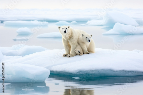 Two polar bear and cub sitting on iceberg  iceberg is melting due to climate change   global climate crisis