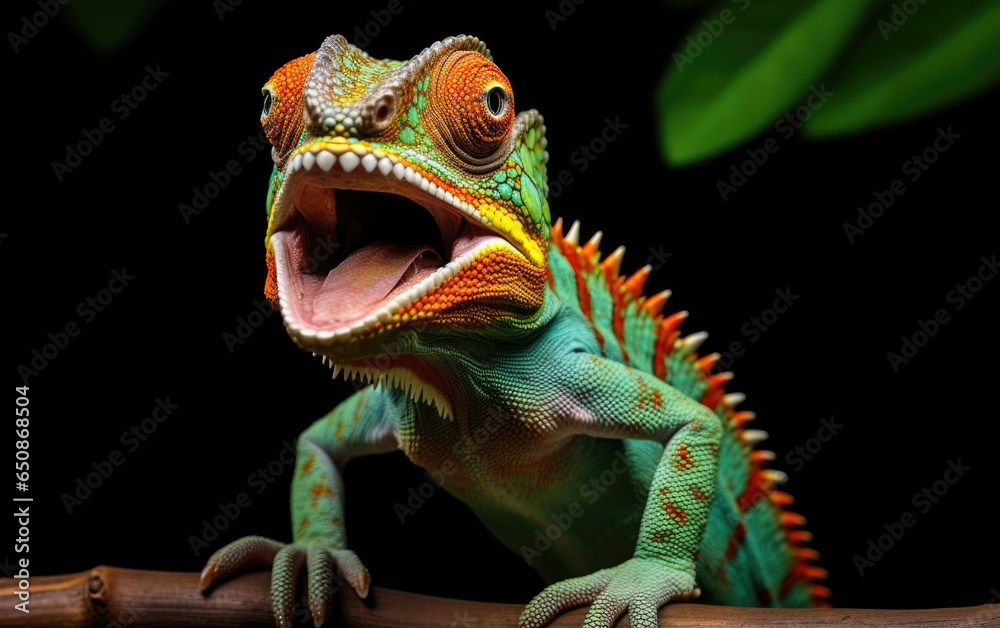 Fototapeta premium Close up chameleon portrait on isolated black background, generative ai