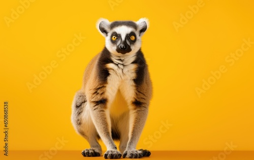 Lemur catta portrait on isolated yellow background, generative ai