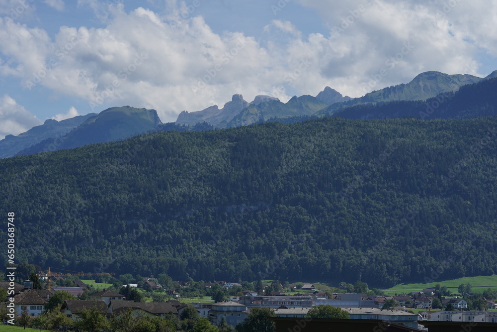 Surroundings of city of Schwyz in Switzerland. There are mountains as well as hills and slopes covered by coniferous woods.