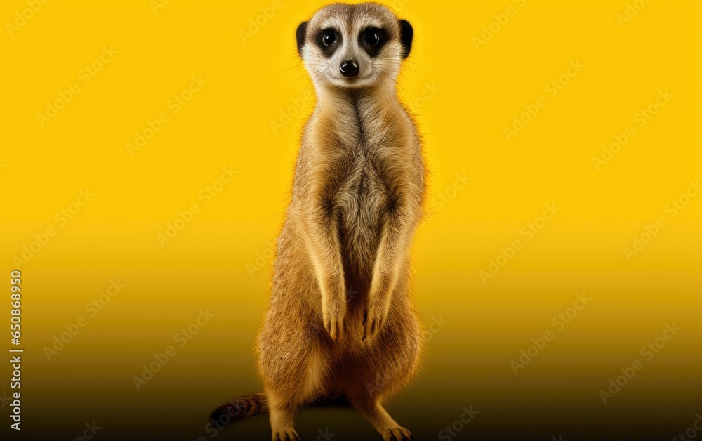 Suricate meerkat full length portrait on isolated yellow background, generative ai