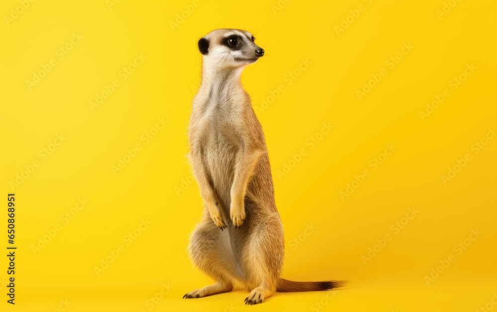 Fototapeta premium Suricate meerkat full length portrait on isolated yellow background, generative ai