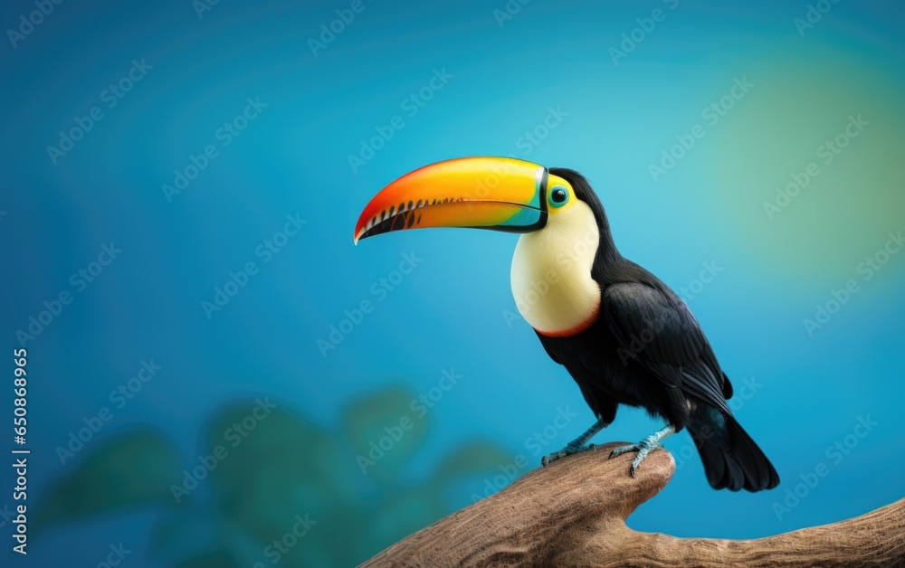 Fototapeta premium Toucan bird on a branch on isolated blue background, generative ai