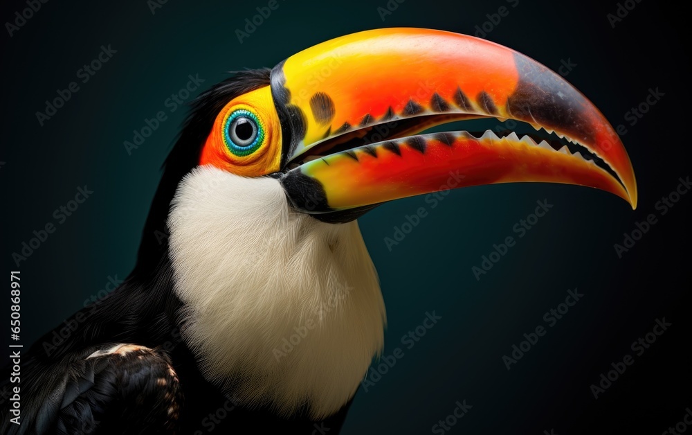Obraz premium Close up toucan bird on a branch on isolated blue background, generative ai
