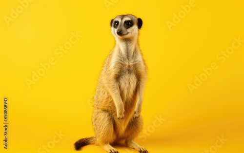 Suricate meerkat full length portrait on isolated yellow background, generative ai