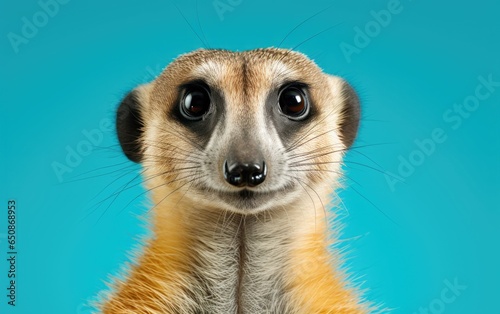Suricate meerkat close up portrait looking with curious expression on isolated blue background, generative ai