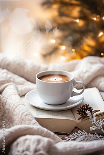 Cozy winter background with cup of coffee