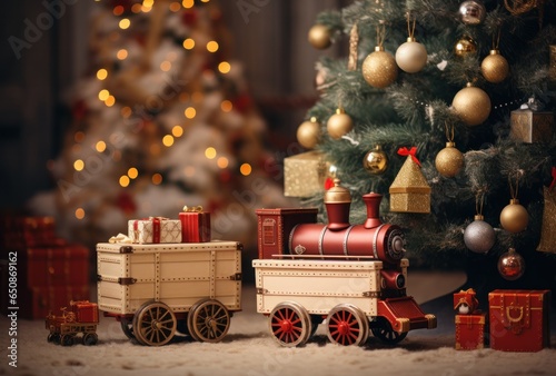 There are toys under the decorated Christmas tree