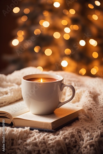 Cozy winter background with cup of coffee