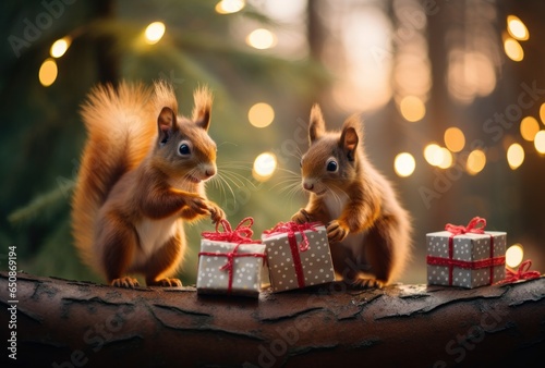Red squirrels are sitting on the New Year tree, holding small decorated gifts...